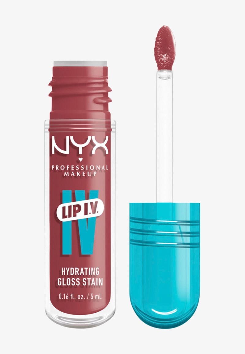 NYX Professional Makeup Lip I.V. gloss teinté hydratant en rose profond, avec applicateur et bouchon turquoise.