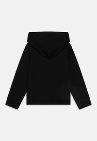 Black hooded sweatshirt with long sleeves, ribbed cuffs, and hem. Soft fabric, simple design, and centered hood at the back.