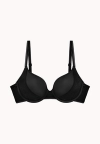 Soutien-gorge noir avec bonnets moulés, bretelles élégantes et tissu texturé sur les côtés. Possède des bretelles réglables et une fermeture à crochets.