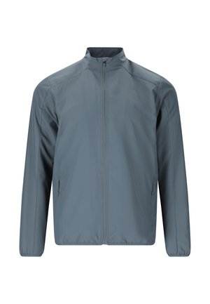 Let jakke til mænd i blågrå med lynlås, ståkrave og lynlåslommer i siderne, elastiske manchetter og minimalistisk design.