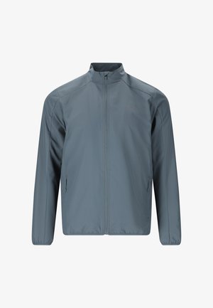 Let jakke til mænd i blågrå med lynlås, ståkrave og lynlåslommer i siderne, elastiske manchetter og minimalistisk design.