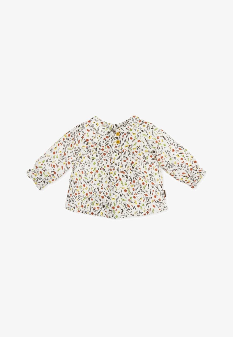 Weiße Bluse mit langen Ärmeln und einem Blumenmuster in verschiedenen Farben. Verfügt über einen runden Ausschnitt und eine dreiknöpfige Verschlussleiste auf der Vorderseite.