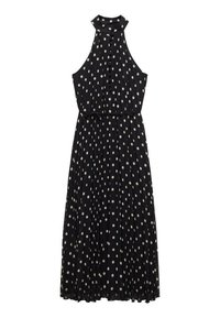 Robe noire sans manches à pois blancs, col montant, détails de boutons, ceinture fine à la taille, jupe plissée en dessous.