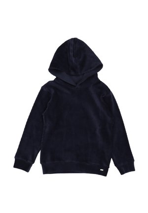 Marineblaue Fleece-Hoodie mit weicher Textur, V-Ausschnitt und gerippten Bündchen. Verfügt über ein kleines Logo an der unteren Vorderseite.