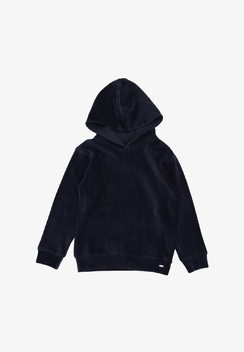 Navy blue fleece hooded sweatshirt with a soft texture, v-neck design, and ribbed cuffs. Features a small logo on the lower front.