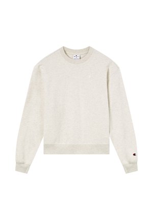 Sweatshirt gris clair à col ras du cou en tissu doux, avec poignets et ourlet côtelés, et un petit logo sur la poitrine et la manche.