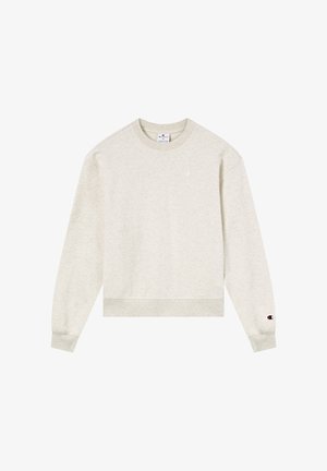 Light gray crewneck sweatshirt made of soft fabric, features ribbed cuffs and hem, and a small logo on the chest and sleeve.