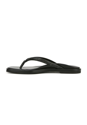 Black flip-flop featuring a textured strap adorned with small metallic accents, a flat sole, and a lightweight design.