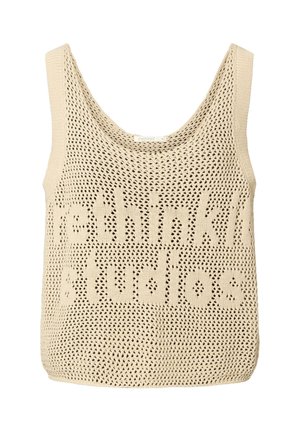 Beige gestricktes Tanktop mit lockerem Sitz, ausgestattet mit einem Mesh-Design und dem Text "rethink studios", der in den Stoff eingewebt ist.
