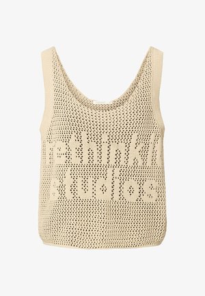 Beige gestricktes Tanktop mit lockerem Sitz, ausgestattet mit einem Mesh-Design und dem Text "rethink studios", der in den Stoff eingewebt ist.