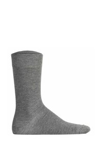 Grau Baumwollsocke mit geripptem Bündchen, glatter Textur und mittlerer Länge bis zur Wade. Einfaches Design ohne Muster oder Akzente.
