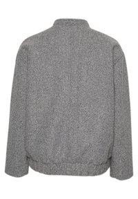 Giacca di tessuto grigio con una texture spazzolata, colletto alto e orlo elastico. Presenta maniche lunghe e un design minimalista. Vista posteriore mostrata.
