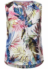 Blusa de manga corta en tela blanca con un colorido patrón de hojas de palma en verde, azul y rosa. Presenta un escote redondo y detalle de lazo.