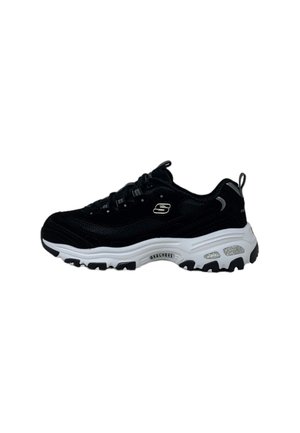 Czarne sneakersy Skechers z grubą białą podeszwą i srebrnymi akcentami logo, zaprojektowane do codziennego i sportowego użytku.