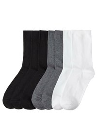 Sechs Paar Knöchelsocken in Schwarz, Dunkelgrau, Hellgrau und Weiß, mit geripptem Muster und einem durchgehenden, glatten Design.