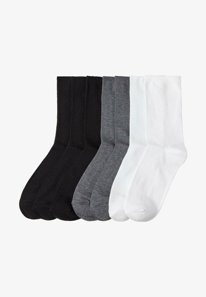 Sechs Paar Knöchelsocken in Schwarz, Dunkelgrau, Hellgrau und Weiß, mit geripptem Muster und einem durchgehenden, glatten Design.
