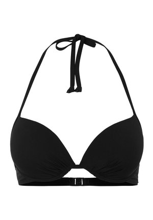 Crni bikini top s halter dekolteom, izrađen od glatkog materijala, s oblikovanim košaricama i podesivim vezicama oko vrata i leđa.