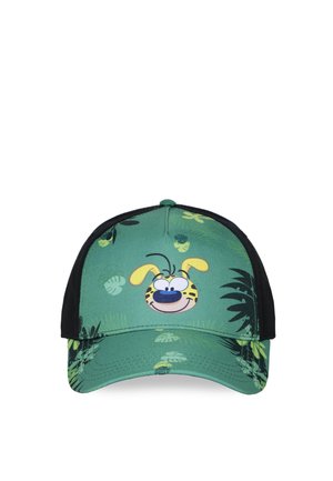 Casquette de baseball verte et noire avec visage de chien de dessin animé et taches jaunes, décorée de motifs floraux verts.