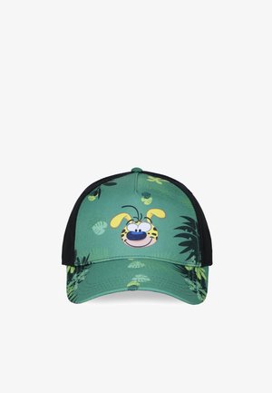 Casquette de baseball verte et noire avec visage de chien de dessin animé et taches jaunes, décorée de motifs floraux verts.