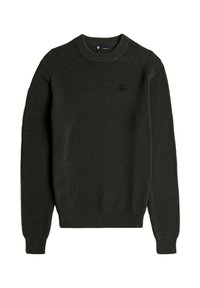Maglione lavorato a maglia in verde oliva scuro, caratterizzato da una struttura a coste, scollo tondo, maniche lunghe e un piccolo logo nero sul petto.