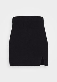 Zwarte geribbelde mini-rok met een gestikte tailleband en een zijsplit, gemaakt van een zachte, rekbare stof. Glad oppervlak, aansluitende pasvorm.