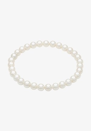 White pearl necklace consisting of evenly shaped, glossy, round pearls strung together in a continuous loop.