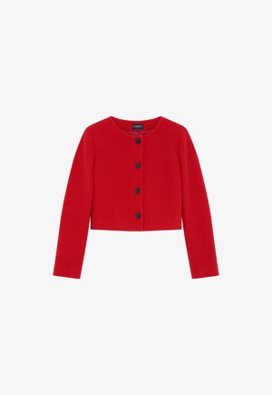 Red cropped jacket made of textured fabric, featuring long sleeves, a round neckline, and four black buttons down the front.