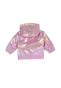 Veste à capuche brillante rose pour enfants avec des poignets et une taille élastiques, montrée de dos sur un fond blanc.