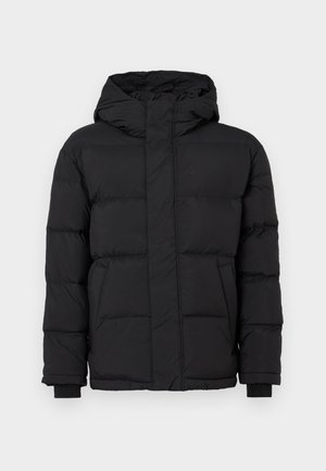 Schwarze Steppjacke mit Kapuze, ausgestattet mit einem gestepp ten Design, elastischen Bündchen und zwei Fronttaschen. Glatte Textur und warme Isolierung.