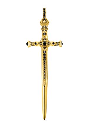 Goldener, verzierter dolchförmiger Anhänger, geschmückt mit schwarzen Edelsteinen und oben mit einem detaillierten Kronendesign.