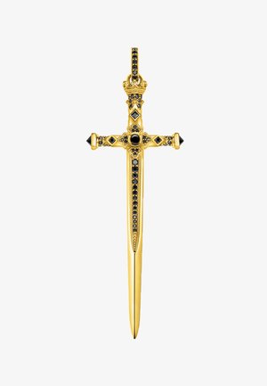 Goldener, verzierter dolchförmiger Anhänger, geschmückt mit schwarzen Edelsteinen und oben mit einem detaillierten Kronendesign.