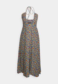 Maxi šaty z lehké tkaniny s květinovým vzorem v červené, žluté a modré barvě. Design s odhaleným krkem, otevřený zadní díl a dobře padnoucí korzet.