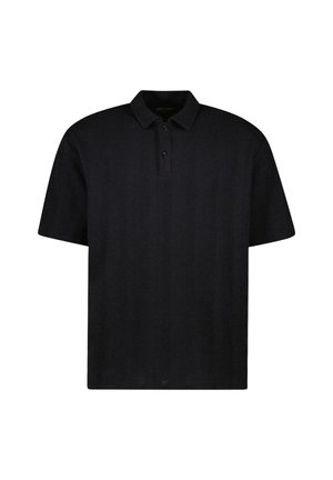 Zwarte polo met een gestructureerd materiaal, uitgerust met een kraag, een placket met drie knopen en korte mouwen. Geen patronen of accenten zichtbaar.