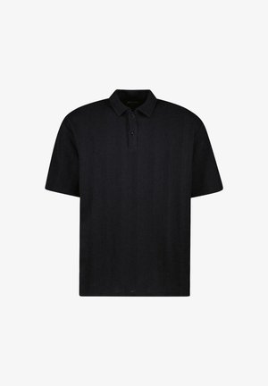 Zwarte polo met een gestructureerd materiaal, uitgerust met een kraag, een placket met drie knopen en korte mouwen. Geen patronen of accenten zichtbaar.