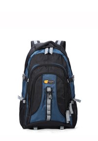 Zaino nero e blu con più scomparti, spallacci regolabili e dettagli grigi. Dotato di una zip frontale e tasche laterali in rete.