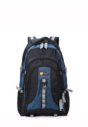 Black and blue backpack with multiple compartments, adjustable straps, and gray accents. Features a front zipper and mesh side pockets.