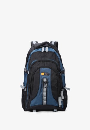 Zaino nero e blu con più scomparti, spallacci regolabili e dettagli grigi. Dotato di una zip frontale e tasche laterali in rete.