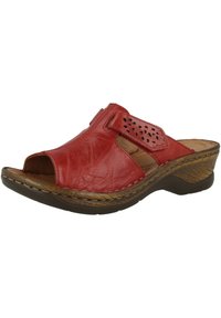 Red leather open-toe slide sandal with perforated accents, brown textured sole, and a contoured footbed for comfort.