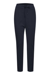 Marineblaue Jogginghosen mit glatter Textur, elastischem Bund, Kordelzug und zwei Vorderaschen. Schmal zulaufendes Bein-Design.