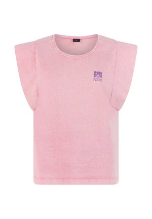 Lyserød ærmeløs top med brede skulderpuder og lille lilla "Protest"-logo på øverste bryst.