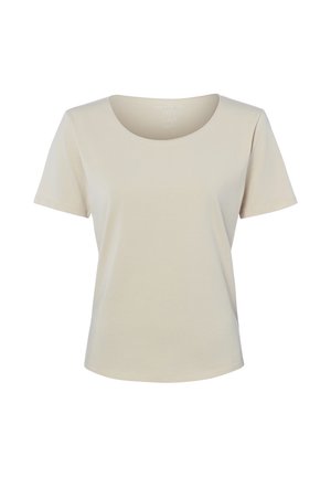 Beżowa damska koszulka z krótkim rękawem i okrągłym dekoltem, prezentowana na białym tle.