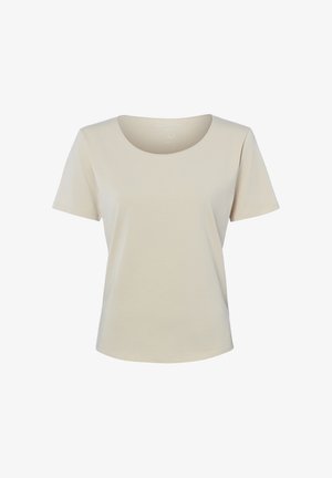 Beige short-sleeve women's t-shirt with round neckline, displayed on a white background.