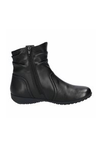Bottines en cuir noir avec une fermeture éclair sur le côté, bout rond, design supérieur froncé et semelle en caoutchouc texturée pour une meilleure traction.