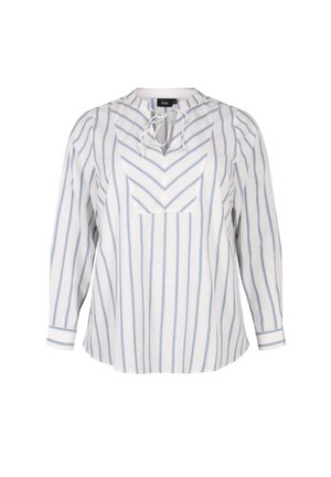 Biela blúzka s dlhým rukávom s vertikálnym modrým pruhovaným vzorom, výstrihom do V s detailom viazania a mierne tvarovaným lemom.