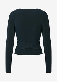 Top a maniche lunghe in tessuto blu scuro con silhouette aderente, caratterizzato da un dettaglio avvolgente in vita e un ampio scollo.