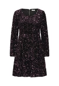 Must musträtik, millel on pikad varrukad ja mis on kaetud läikivate lillade sädelevate ketastega. Omab ümmargust kaelust ja lukuga sulgemist seljal.