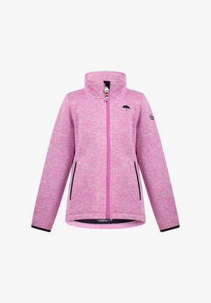 Giacca in pile viola con colletto alto, zip frontale completa, tasche laterali nere e un piccolo logo a forma di ombrello sul petto. Texture morbida.