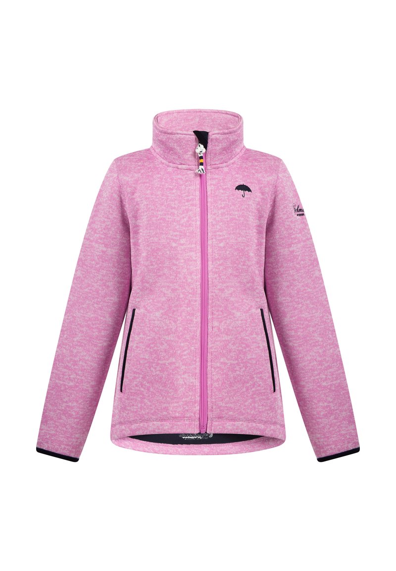 Violetinės fliso striukės su aukštu apykakle, pilnu priekiu užtrauktuku, juodomis šoninėmis kišenėmis ir mažąja skėčio logotipu ant krūtinės. Minkšta faktūra.