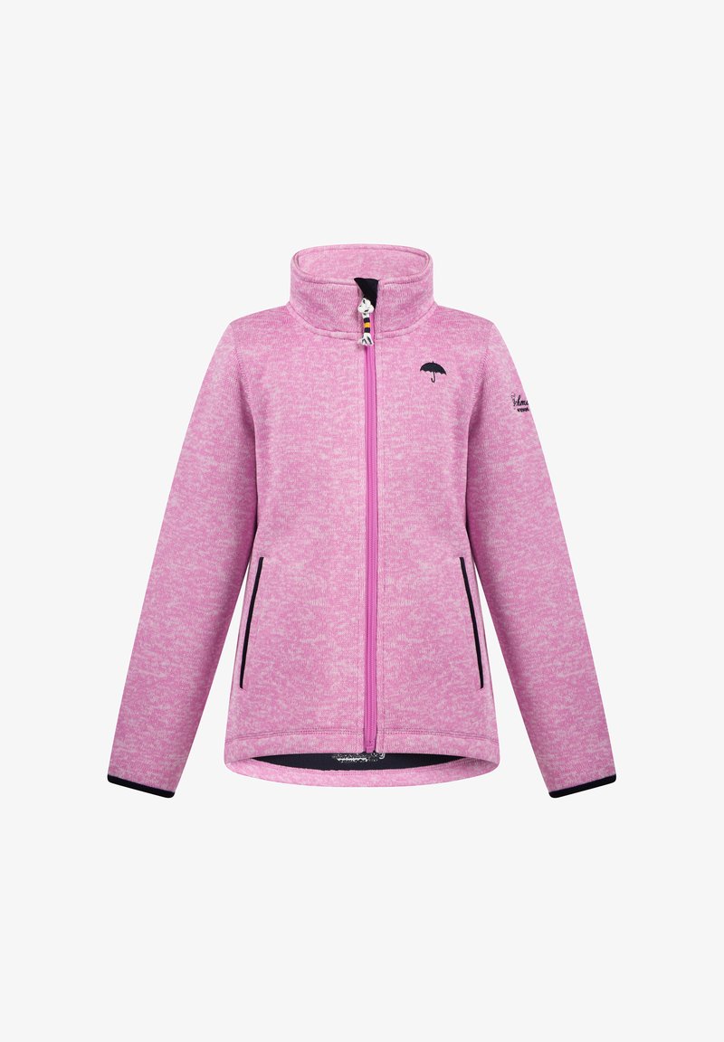 Violetinės fliso striukės su aukštu apykakle, pilnu priekiu užtrauktuku, juodomis šoninėmis kišenėmis ir mažąja skėčio logotipu ant krūtinės. Minkšta faktūra.