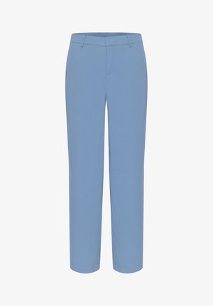 Hellblaue Hosen mit geradem Bein, gefertigt aus einem glatten Stoff. Mit flachem Bund und dezenten Stickdetails.